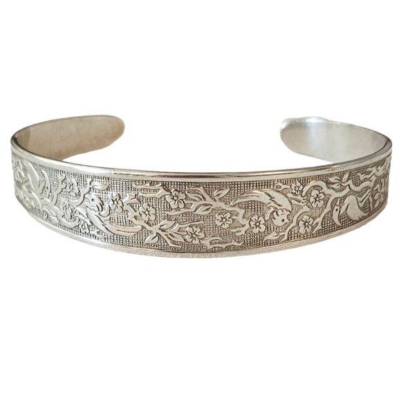 Reed & Barton Sterling Silver Bird & Flower Scroll, Linen Cuff Bracelet, L47